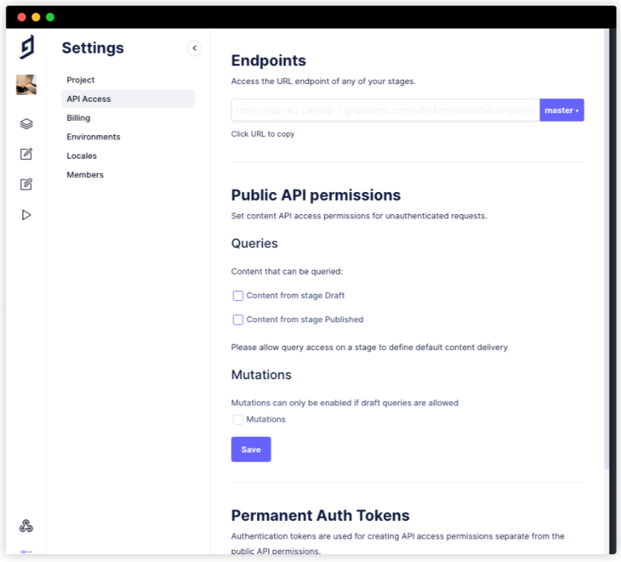 GraphCMS project settings